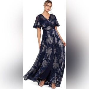 Betsy and Adam V Neck Flutter Sleeve Metallic Print Flowy Dress